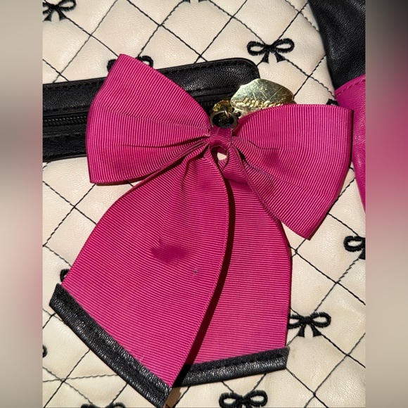 Betsy Johnson Black Pink Quilted Backpack 12”x14” Pink Bow Gold Buckle Strap BAG